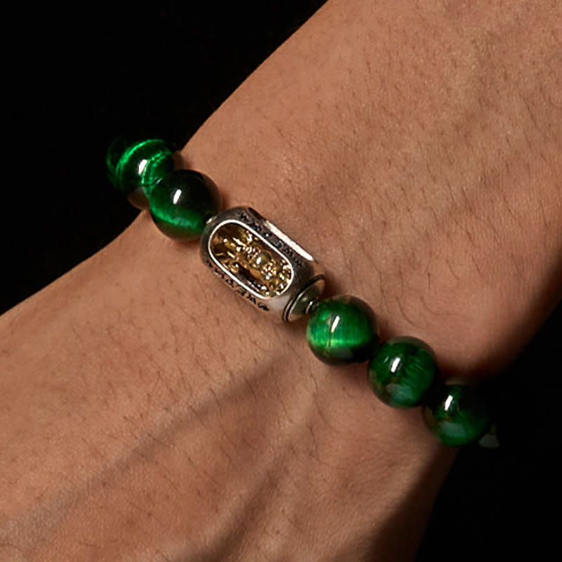 Bracciale Buddha Stones Natural Green Tiger Eye Om Mani Padme Hum Positive Strength - image 2