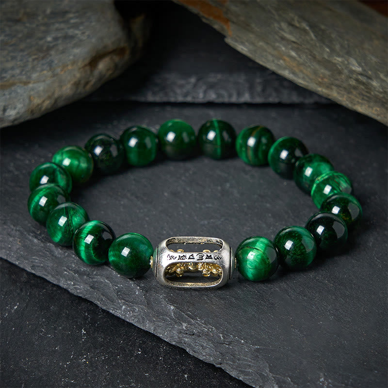 Bracciale Buddha Stones Natural Green Tiger Eye Om Mani Padme Hum Positive Strength - 20 centimetri - image 0