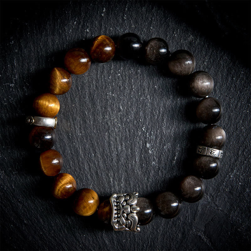 Buddha Stones Tiger Eye Silver Sheen Om Mani Padme Hum Horse PiXiu Beast Courage - 20 centimetri - image 0