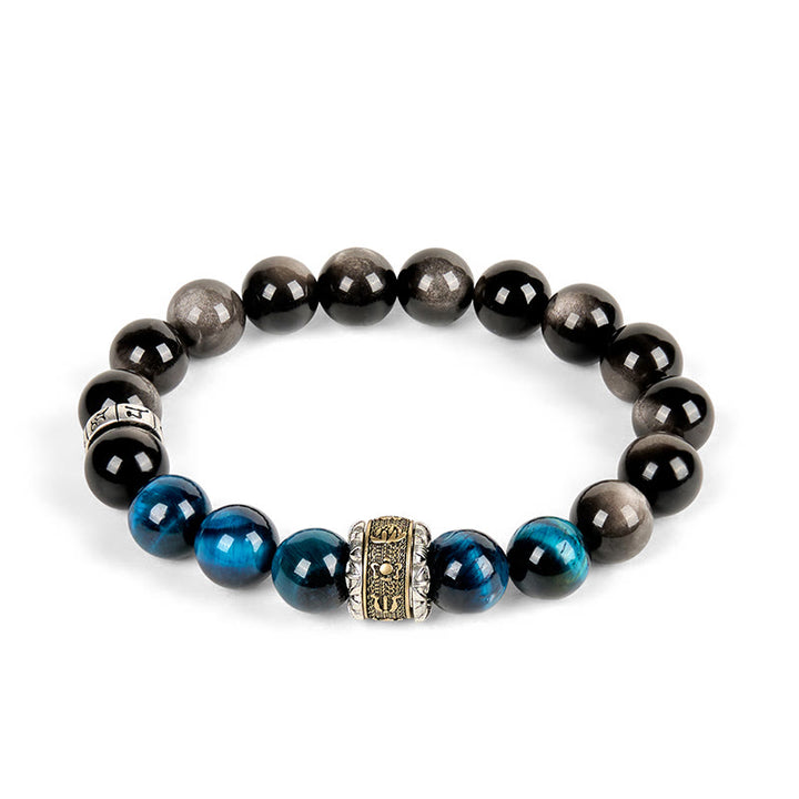 Bracciale di comunicazione Buddha Stones, argento naturale, lucentezza ossidiana, occhio di tigre blu, Om Mani Padme Hum - image 4