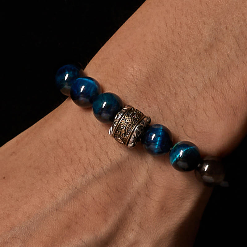 Bracciale di comunicazione Buddha Stones, argento naturale, lucentezza ossidiana, occhio di tigre blu, Om Mani Padme Hum - image 2