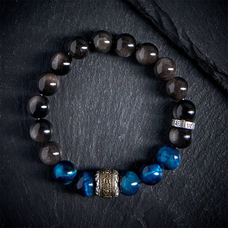 Bracciale di comunicazione Buddha Stones, argento naturale, lucentezza ossidiana, occhio di tigre blu, Om Mani Padme Hum - image 1