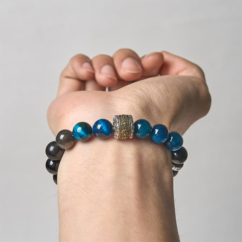 Bracciale di comunicazione Buddha Stones, argento naturale, lucentezza ossidiana, occhio di tigre blu, Om Mani Padme Hum - image 3