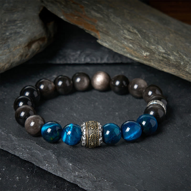 Bracciale di comunicazione Buddha Stones, argento naturale, lucentezza ossidiana, occhio di tigre blu, Om Mani Padme Hum - 20 centimetri - image 0