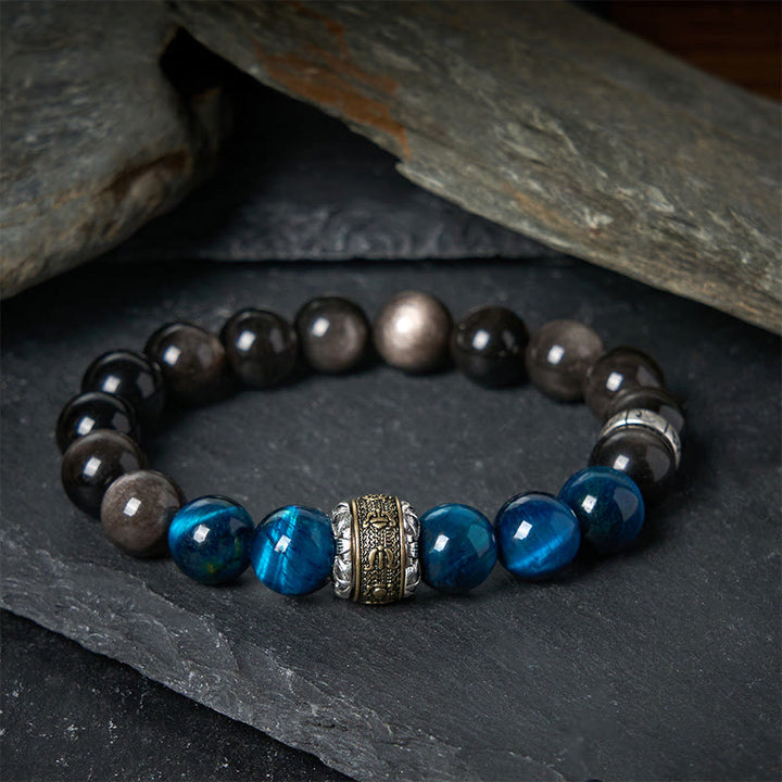 Bracciale di comunicazione Buddha Stones, argento naturale, lucentezza ossidiana, occhio di tigre blu, Om Mani Padme Hum - 20 centimetri - image 0