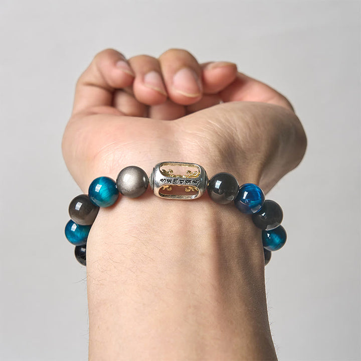 Braccialetto rilassante Om Mani Padme Hum in ossidiana blu con Buddha Stones in argento naturale e occhio di tigre - image 2