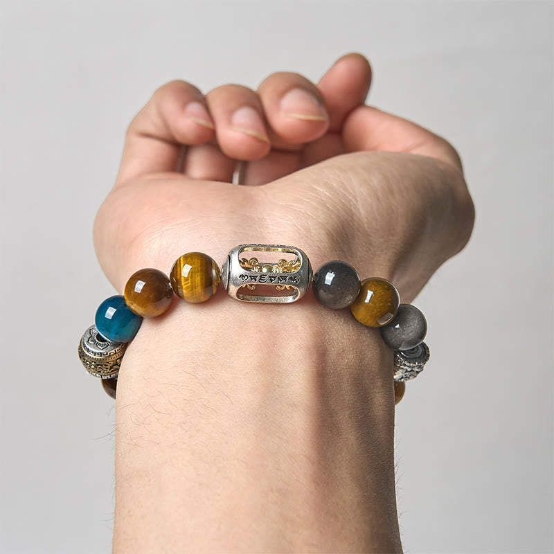 Bracciale Buddha Stones in argento lucido, ossidiana, occhio di tigre, Om Mani Padme Hum, Buddha a tre facce, positivo - image 4