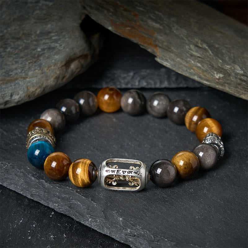 Bracciale Buddha Stones in argento lucido, ossidiana, occhio di tigre, Om Mani Padme Hum, Buddha a tre facce, positivo - image 1