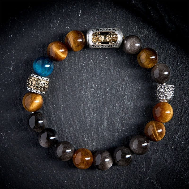 Bracciale Buddha Stones in argento lucido, ossidiana, occhio di tigre, Om Mani Padme Hum, Buddha a tre facce, positivo - image 2