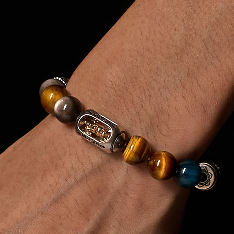 Bracciale Buddha Stones in argento lucido, ossidiana, occhio di tigre, Om Mani Padme Hum, Buddha a tre facce, positivo - image 3