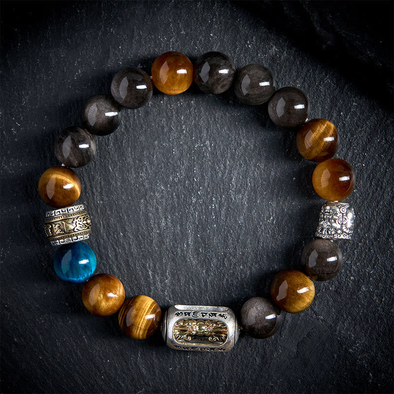 Bracciale Buddha Stones in argento lucido, ossidiana, occhio di tigre, Om Mani Padme Hum, Buddha a tre facce, positivo - 20 centimetri - image 0