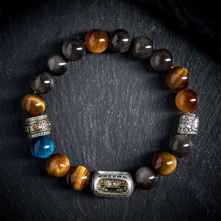 Bracciale Buddha Stones in argento lucido, ossidiana, occhio di tigre, Om Mani Padme Hum, Buddha a tre facce, positivo - 20 centimetri - image 0