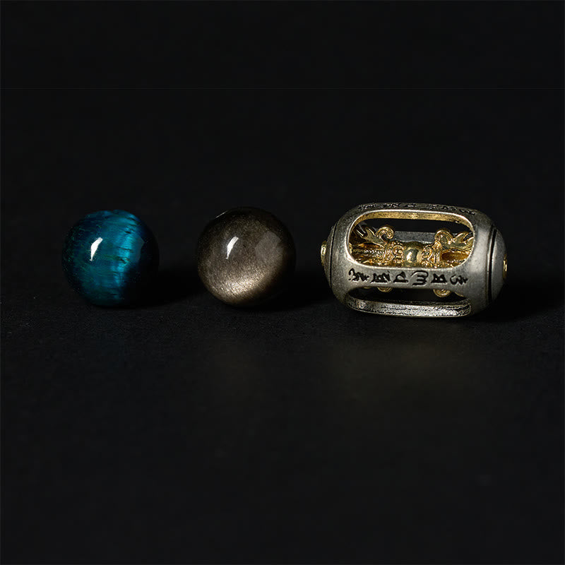 Bracciale Buddha Stones in argento lucido, ossidiana, occhio di tigre, Om Mani Padme Hum, Buddha a tre facce, positivo - image 9