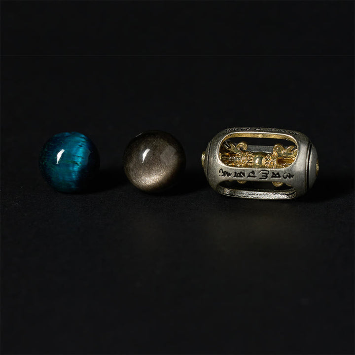 Bracciale Buddha Stones in argento lucido, ossidiana, occhio di tigre, Om Mani Padme Hum, Buddha a tre facce, positivo - image 9