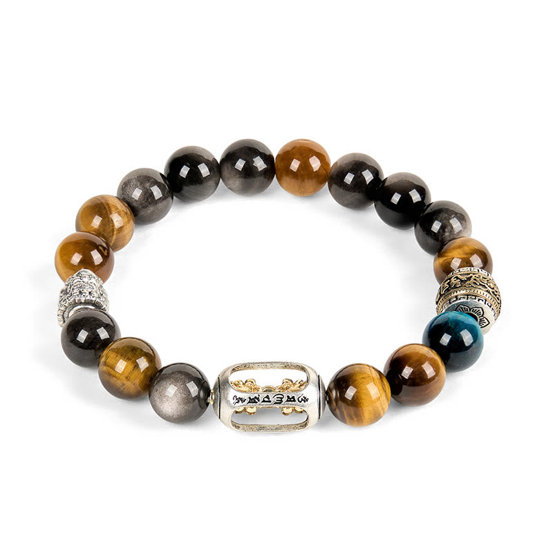 Bracciale Buddha Stones in argento lucido, ossidiana, occhio di tigre, Om Mani Padme Hum, Buddha a tre facce, positivo - image 5