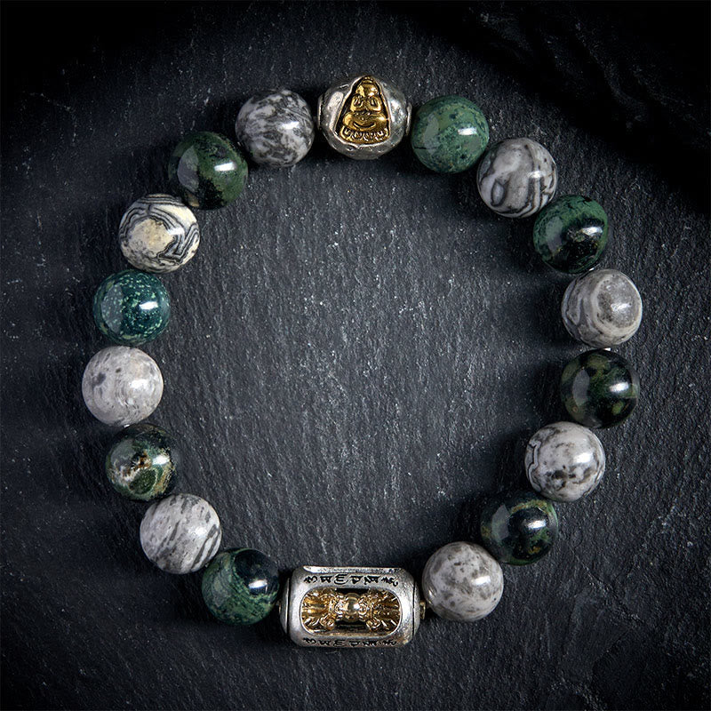 Bracciale di guarigione Buddha senza forma Buddha Stones Buddha, diaspro grigio naturale, diaspro Kambamba, Om Mani Padme Hum - image 1