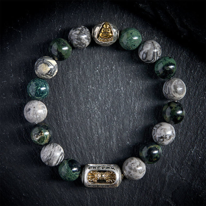 Bracciale di guarigione Buddha senza forma Buddha Stones Buddha, diaspro grigio naturale, diaspro Kambamba, Om Mani Padme Hum - image 1