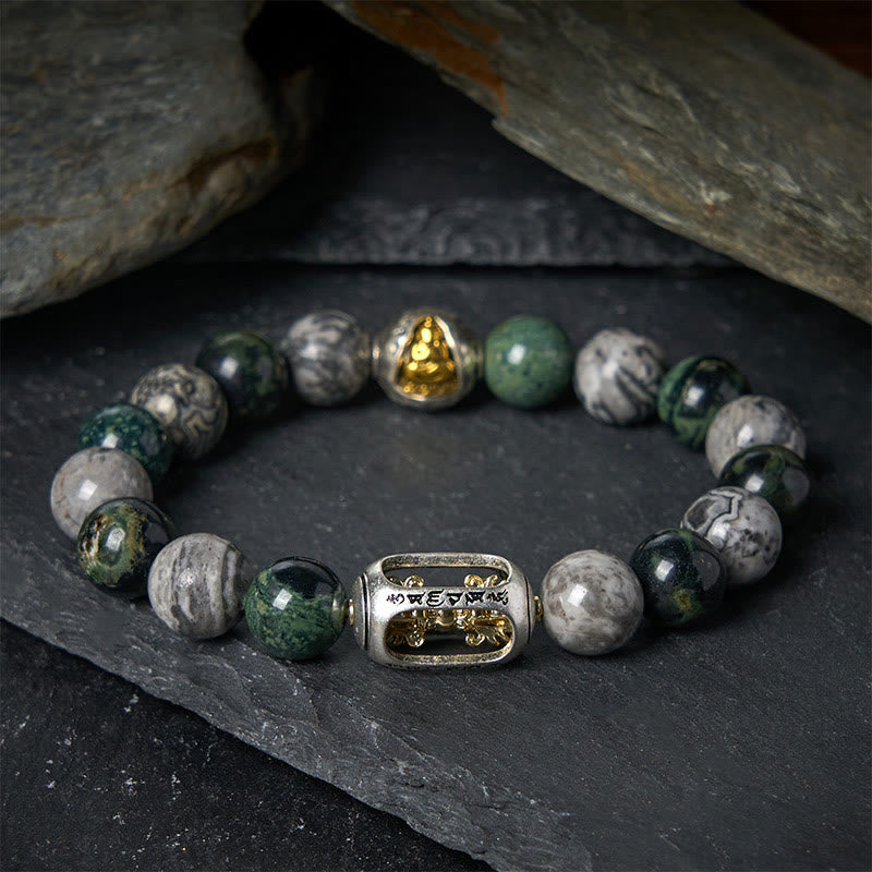 Bracciale di guarigione Buddha senza forma Buddha Stones Buddha, diaspro grigio naturale, diaspro Kambamba, Om Mani Padme Hum - 20 centimetri - image 0