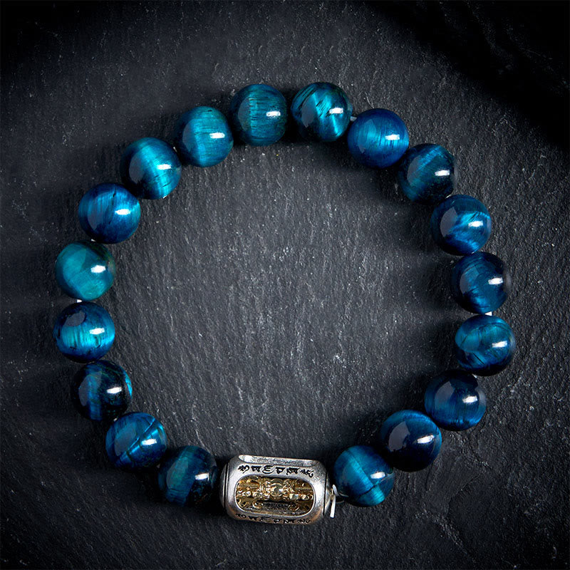 Bracciale Buddha Stones Natural Blue Tiger Eye Om Mani Padme Hum Strength - image 1
