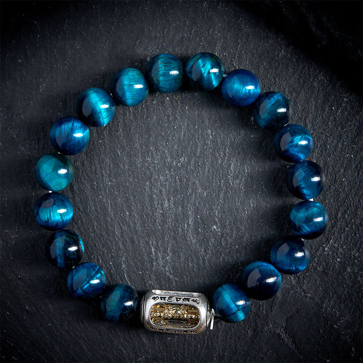 Bracciale Buddha Stones Natural Blue Tiger Eye Om Mani Padme Hum Strength - image 1