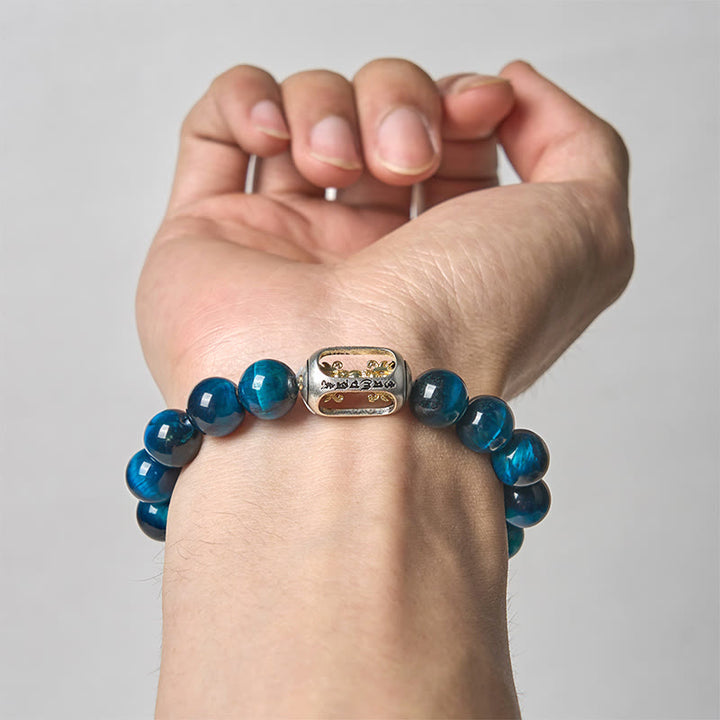 Bracciale Buddha Stones Natural Blue Tiger Eye Om Mani Padme Hum Strength - image 3