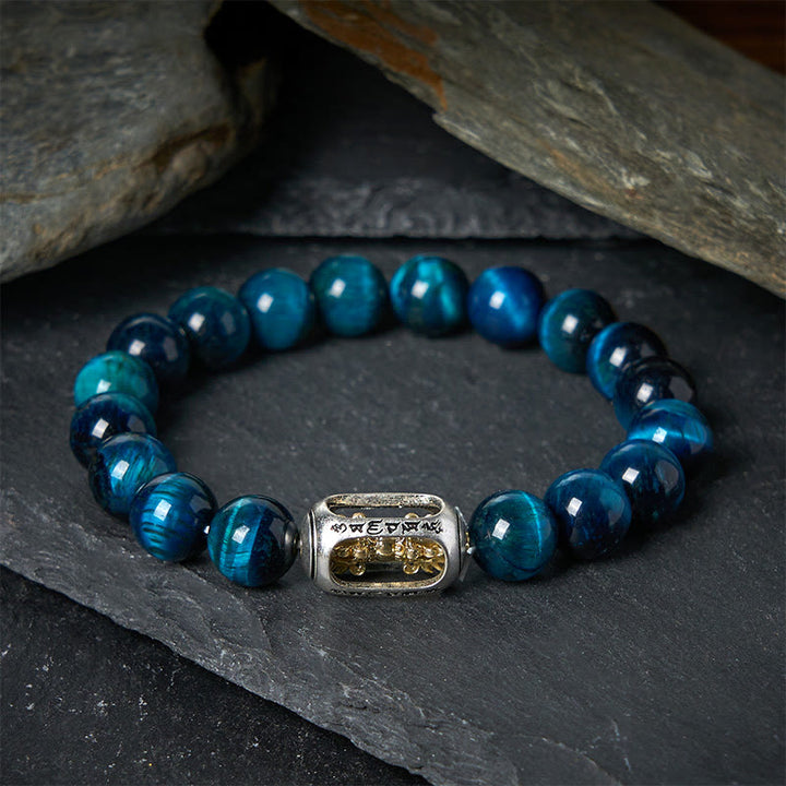 Bracciale Buddha Stones Natural Blue Tiger Eye Om Mani Padme Hum Strength - 20 centimetri - image 0