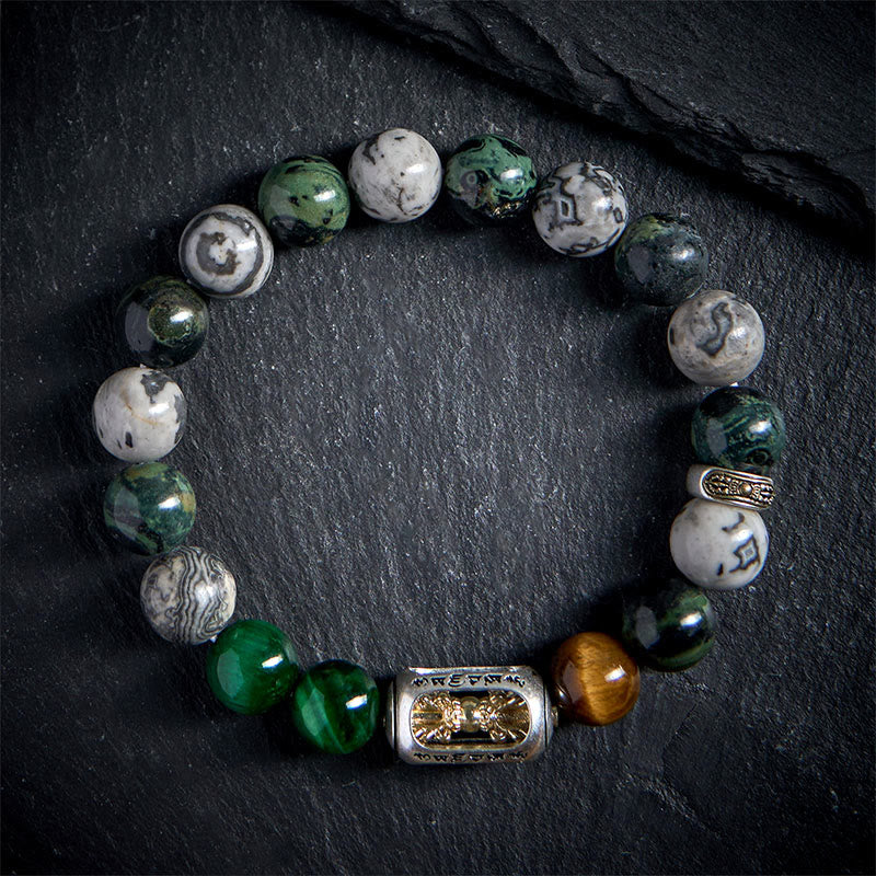 Bracciale di protezione Buddha Stones, diaspro grigio naturale, diaspro Kambamba, occhio di tigre, Om Mani Padme Hum - image 1