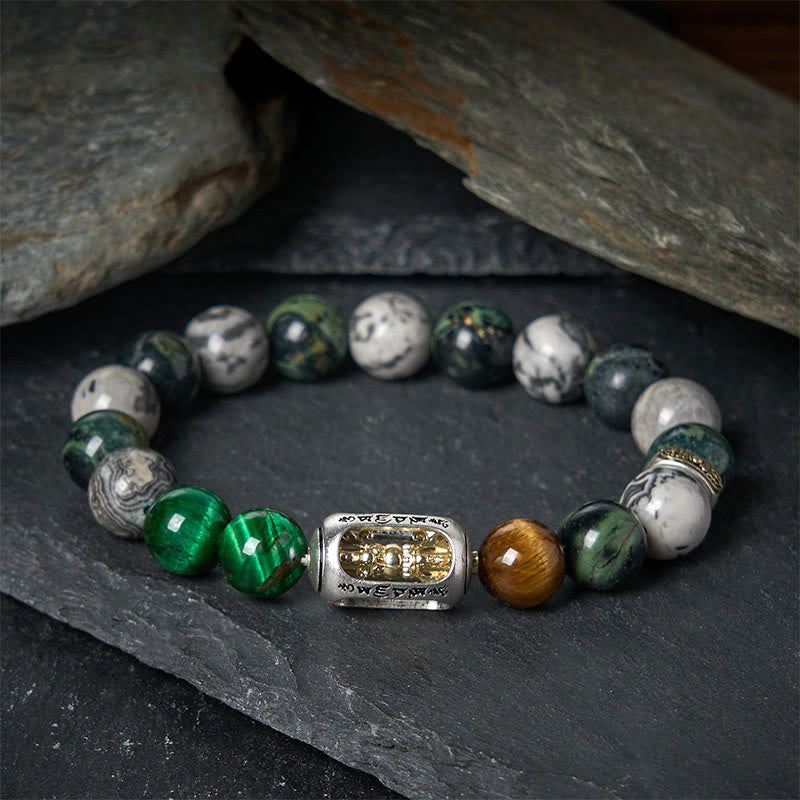 Bracciale di protezione Buddha Stones, diaspro grigio naturale, diaspro Kambamba, occhio di tigre, Om Mani Padme Hum - 20 centimetri - image 0