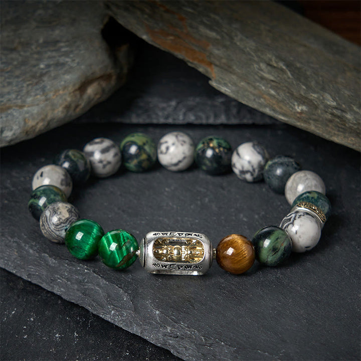 Bracciale di protezione Buddha Stones, diaspro grigio naturale, diaspro Kambamba, occhio di tigre, Om Mani Padme Hum - 20 centimetri - image 0