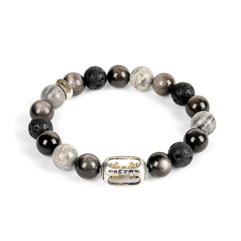 Bracciale lenitivo Buddha Stones, lucentezza argentata, ossidiana, roccia lavica, diaspro grigio, Om Mani Padme Hum Vajra - image 4