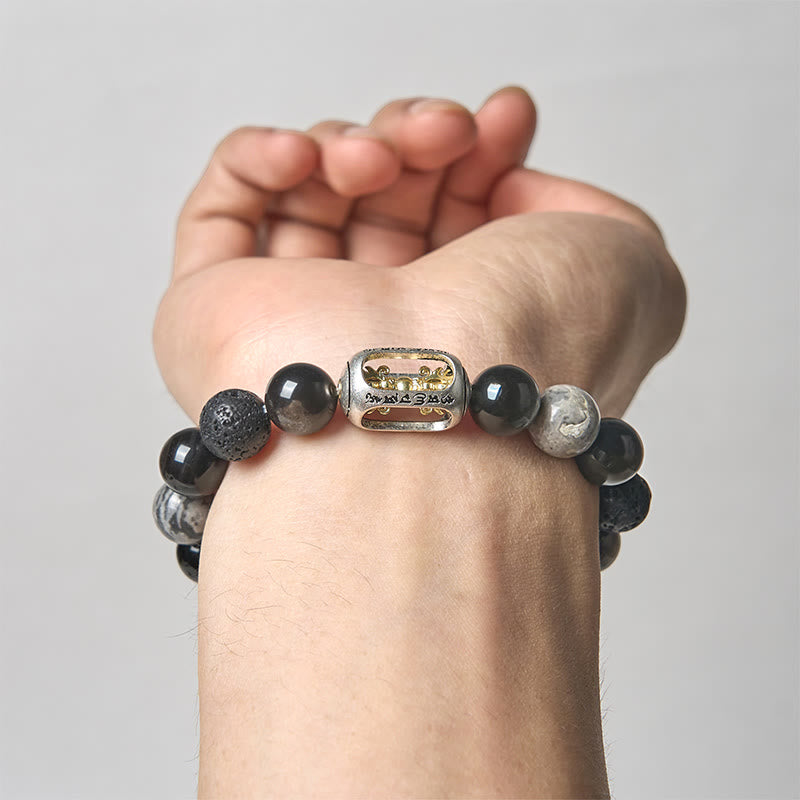 Bracciale lenitivo Buddha Stones, lucentezza argentata, ossidiana, roccia lavica, diaspro grigio, Om Mani Padme Hum Vajra - image 3