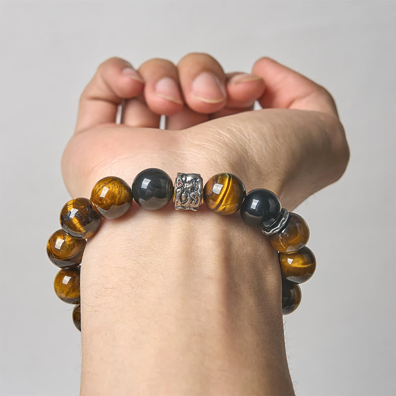 Braccialetto di protezione per la testa del Buddha in ossidiana lucida e argento Buddha Stones e occhio di tigre - image 3