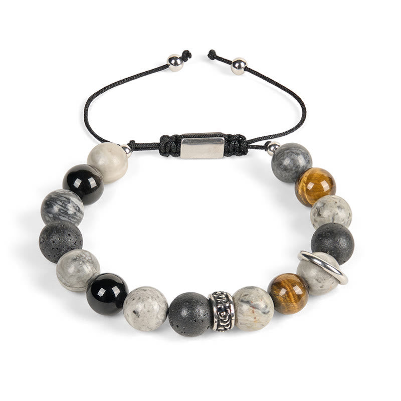Braccialetto curativo in Buddha Stones diaspro grigio, pietra lavica, ossidiana lucida color argento, occhio di tigre - image 4