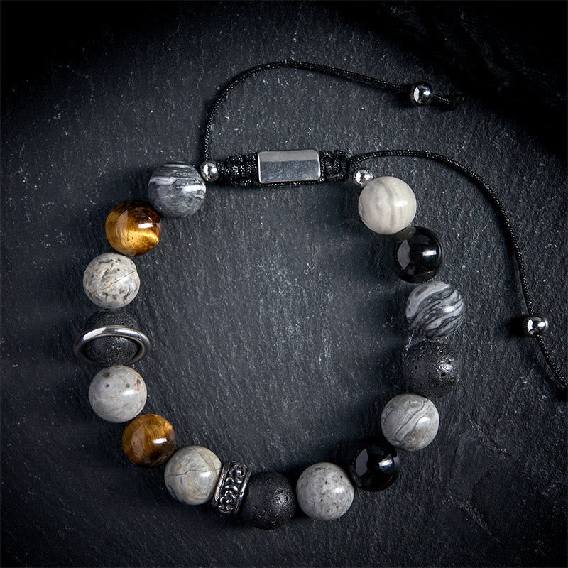 Braccialetto curativo in Buddha Stones diaspro grigio, pietra lavica, ossidiana lucida color argento, occhio di tigre - image 1