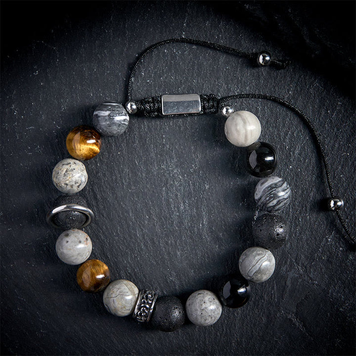 Braccialetto curativo in Buddha Stones diaspro grigio, pietra lavica, ossidiana lucida color argento, occhio di tigre - image 1