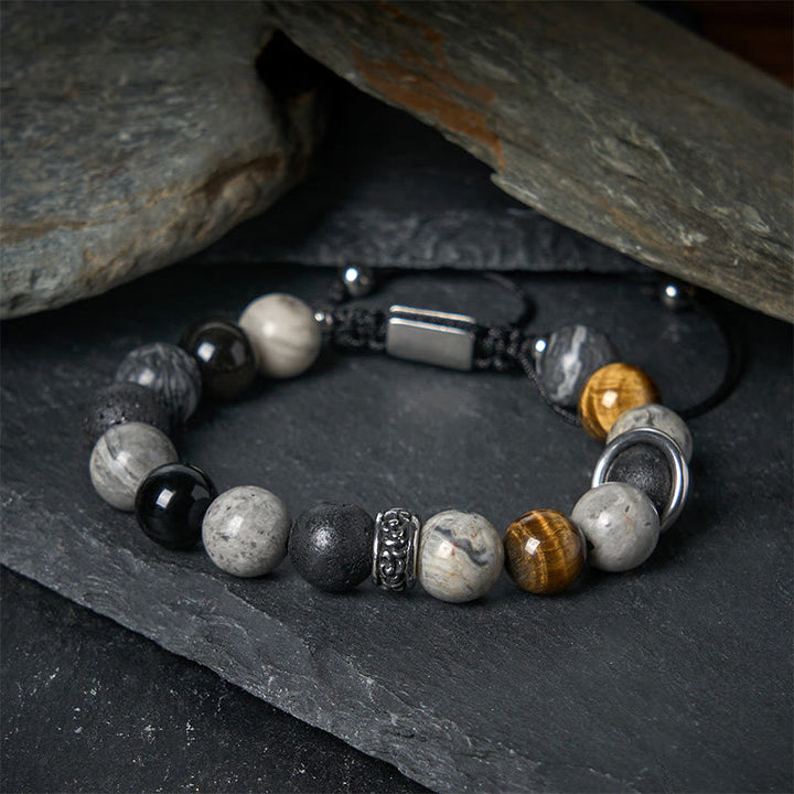 Braccialetto curativo in Buddha Stones diaspro grigio, pietra lavica, ossidiana lucida color argento, occhio di tigre - Diaspro grigio (circonferenza del polso: 15-17 cm) - image 0