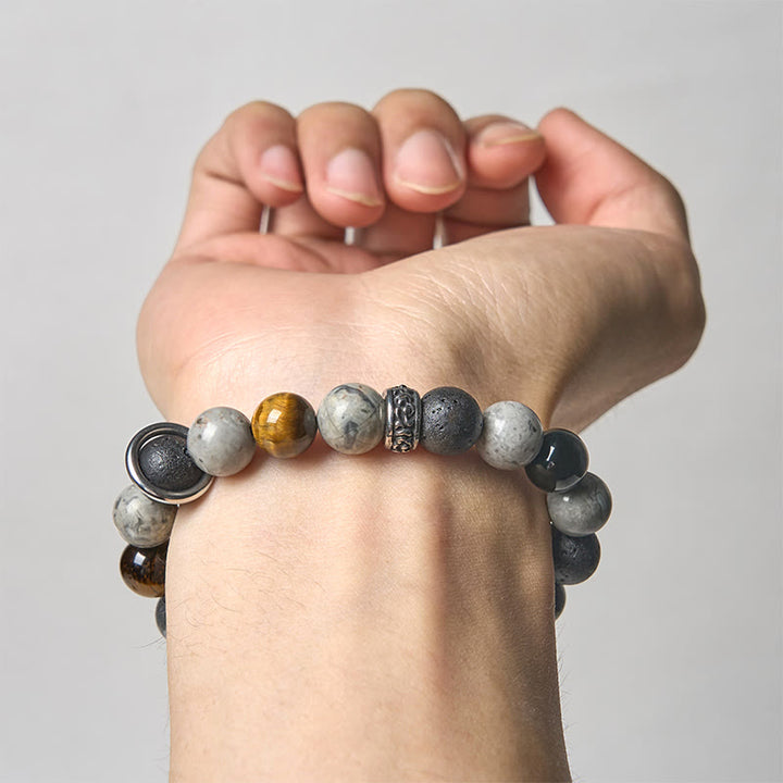 Braccialetto curativo in Buddha Stones diaspro grigio, pietra lavica, ossidiana lucida color argento, occhio di tigre - image 3