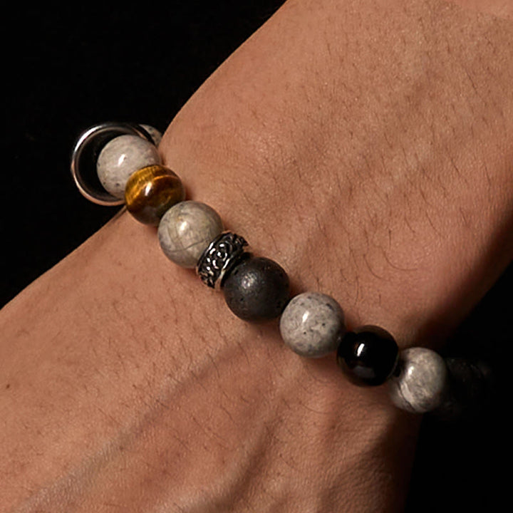 Braccialetto curativo in Buddha Stones diaspro grigio, pietra lavica, ossidiana lucida color argento, occhio di tigre - image 2