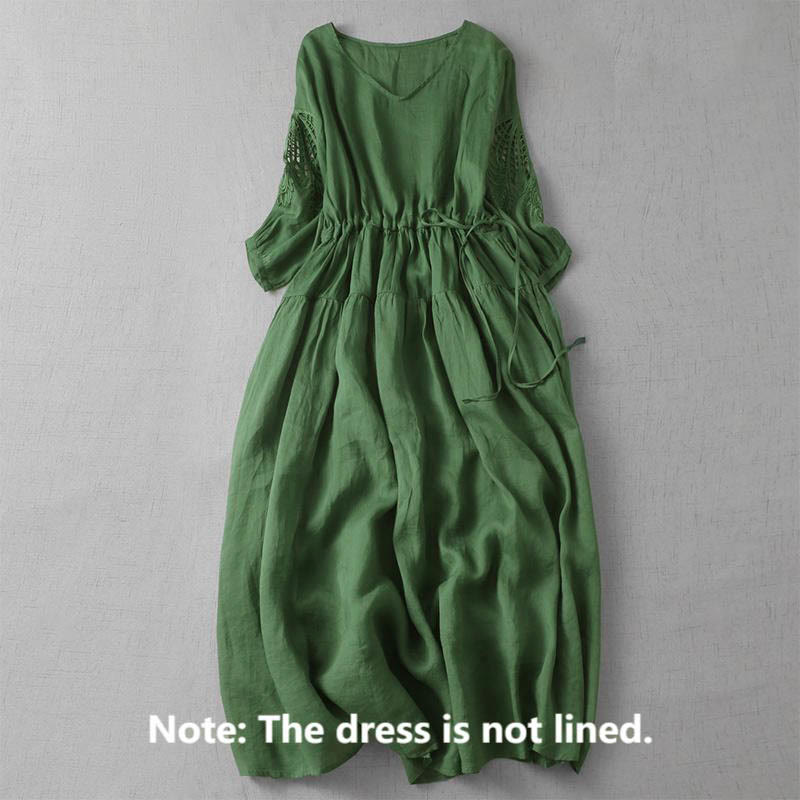 Abito midi con maniche a sbuffo, coulisse, tasche e patchwork con ricamo Buddha Stones - image 2