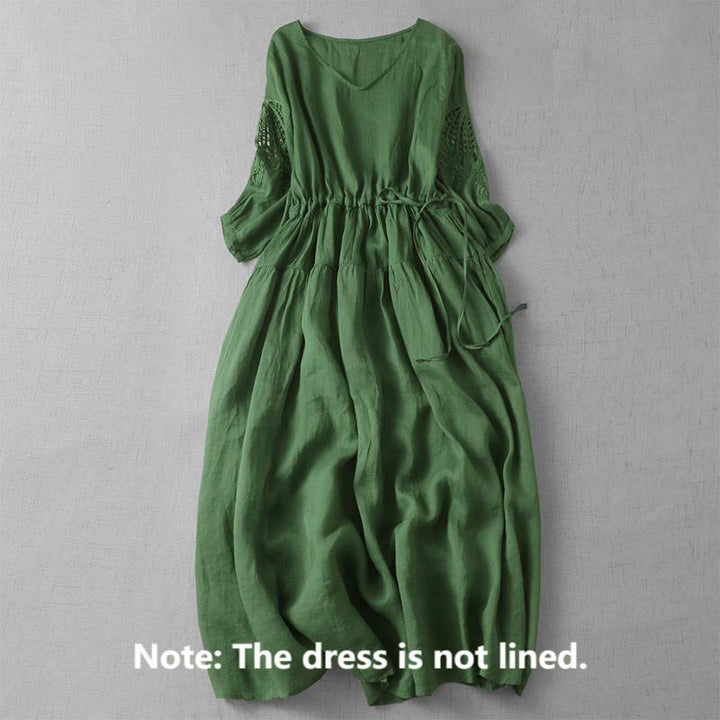 Abito midi con maniche a sbuffo, coulisse, tasche e patchwork con ricamo Buddha Stones - image 2