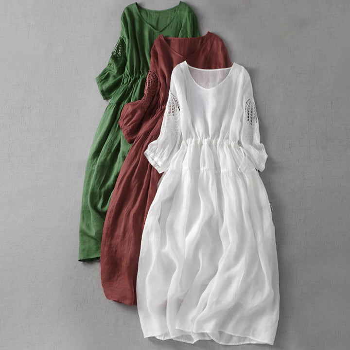 Abito midi con maniche a sbuffo, coulisse, tasche e patchwork con ricamo Buddha Stones - image 0