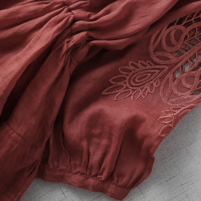 Abito midi con maniche a sbuffo, coulisse, tasche e patchwork con ricamo Buddha Stones - image 4