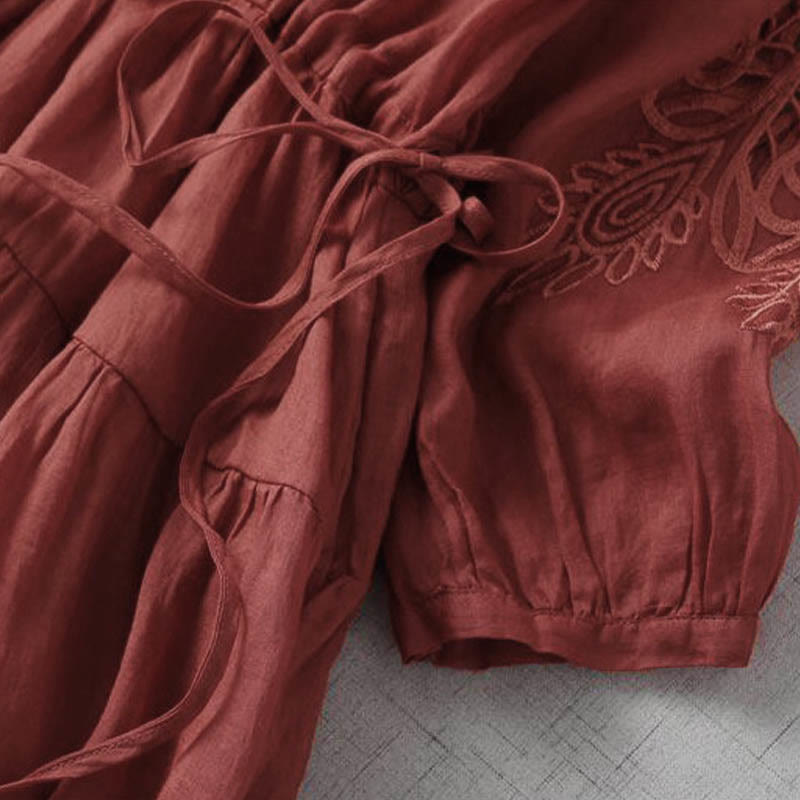 Abito midi con maniche a sbuffo, coulisse, tasche e patchwork con ricamo Buddha Stones - image 17