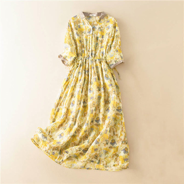 Abito midi con motivo floreale a contrasto di colore e maniche corte Buddha Stones con tasche - Giallo - US12, UK/AU16, EU44 (3XL) - image 13