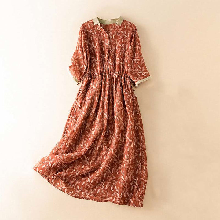 Abito midi con motivo floreale a contrasto di colore e maniche corte Buddha Stones con tasche - Mattoni refrattari - US12, UK/AU16, EU44 (3XL) - image 20