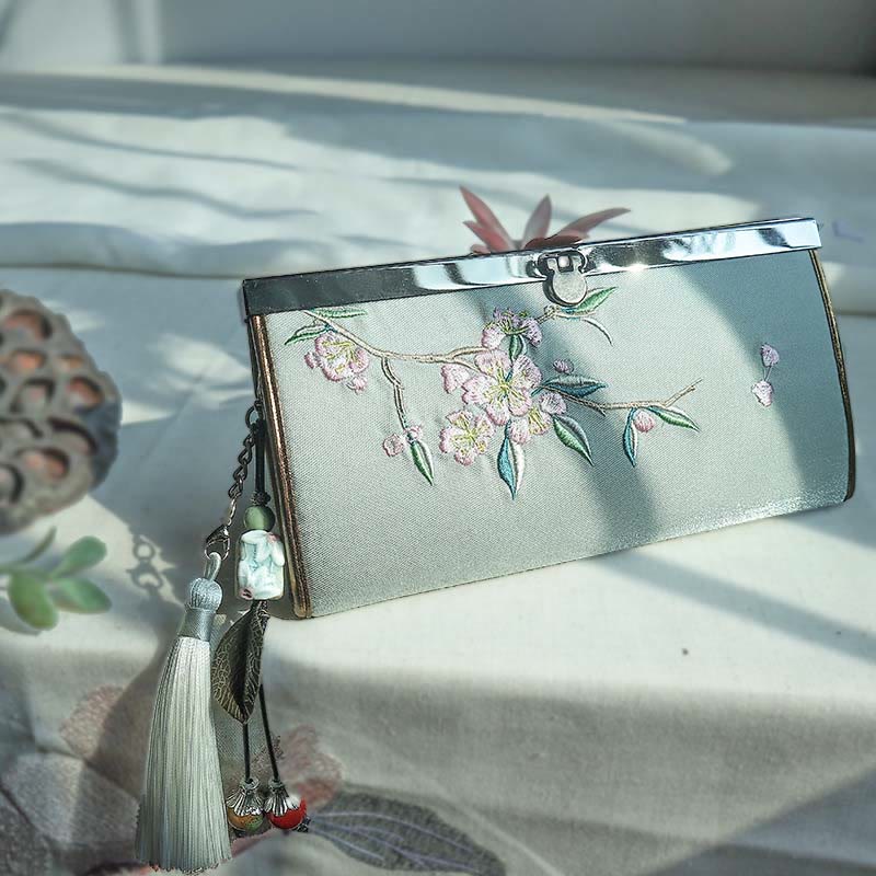 Portafoglio portasoldi grande capacità con ricamo a doppia faccia, Buddha Stones, fiori di prugna, fiori di pesco, bambù, borsa per la spesa - Fiori di pesco verdi - image 8