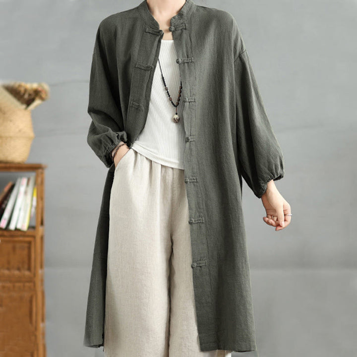 Cappotto casual da donna in cotone e lino con bottoni a rana e tasche Buddha Stones - image 6