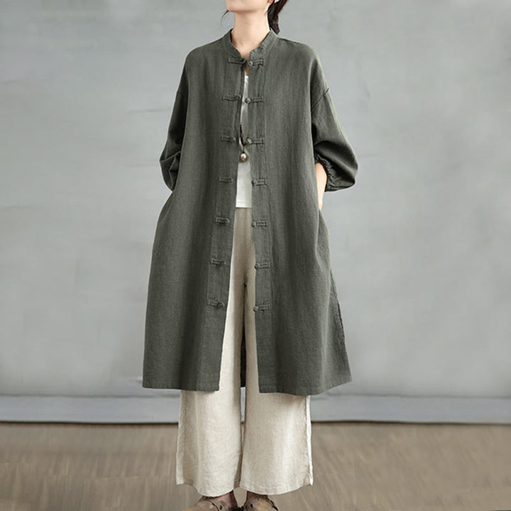 Cappotto casual da donna in cotone e lino con bottoni a rana e tasche Buddha Stones - Verde oliva scuro - US12, UK/AU16, EU44 (2XL) - image 5