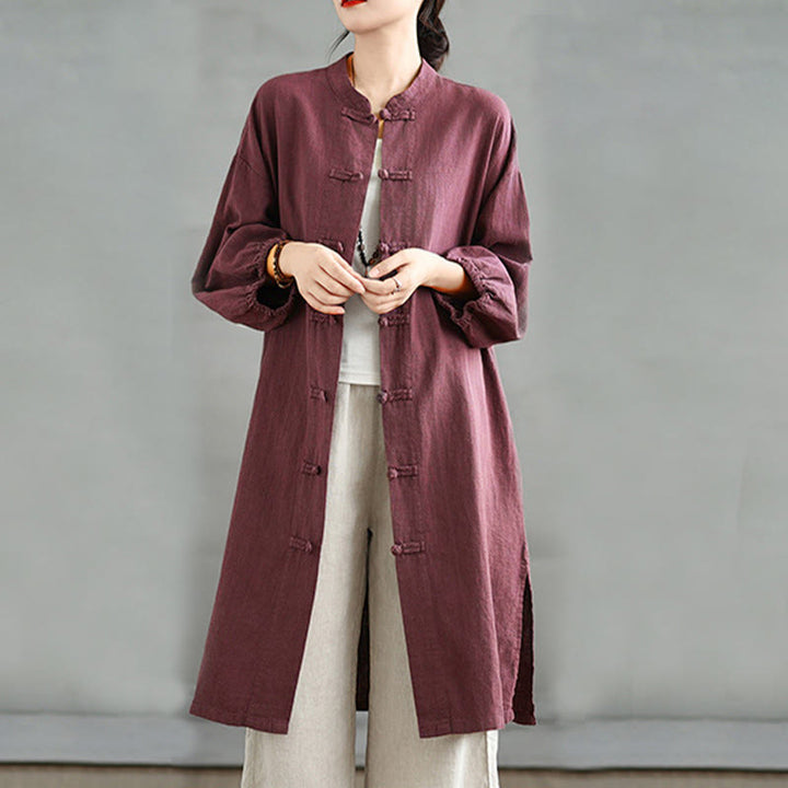 Cappotto casual da donna in cotone e lino con bottoni a rana e tasche Buddha Stones - image 1