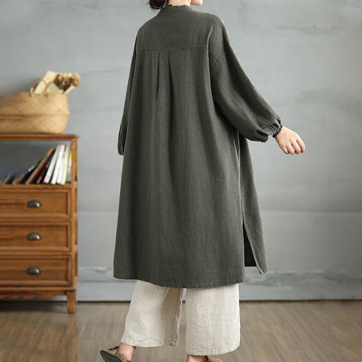 Cappotto casual da donna in cotone e lino con bottoni a rana e tasche Buddha Stones - image 9